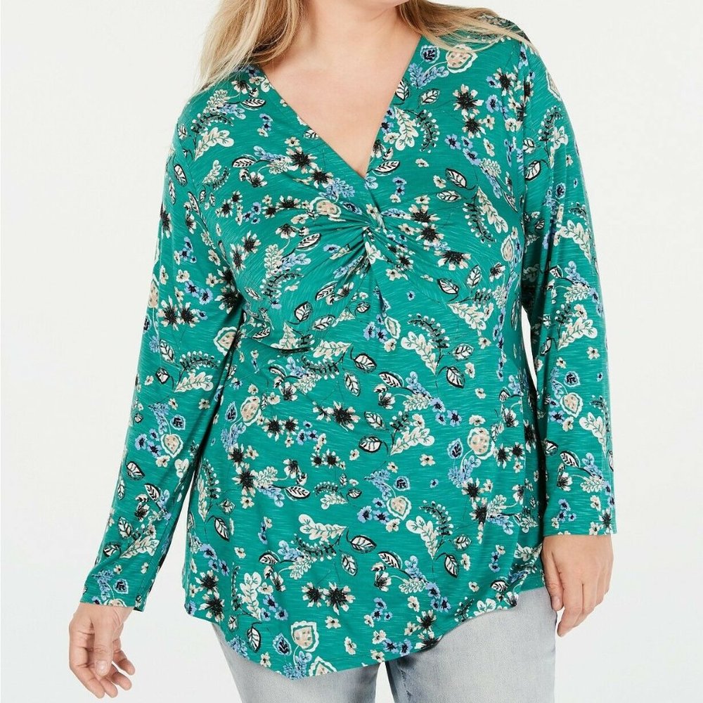 Style & Co Plus Rayon Jersey Floral-Print Top Gree